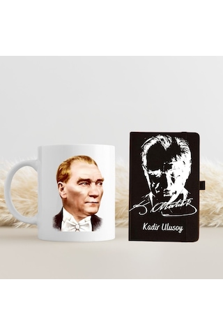 Kişiye Özel Atatürk Tasarımlı Kupa Bardak Ve Not Defteri Hediye Seti Siyah