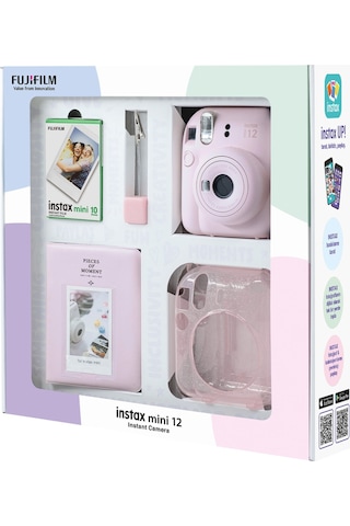 Fujifilm Instax Mini 12 Fotoğraf Makinesi + 10'lu Film + Simli Pleksi Kılıf + Pvc Albüm + Kıskaçlı Standı Pembe