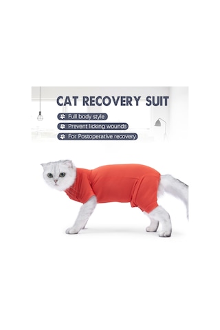 Vkemall Kedi Ameliyat Sonrası Kolluk, Dört Ayaklı, Yırtık Yeme Engeli, Esnek Kumaş, Turuncu, S Boyutu