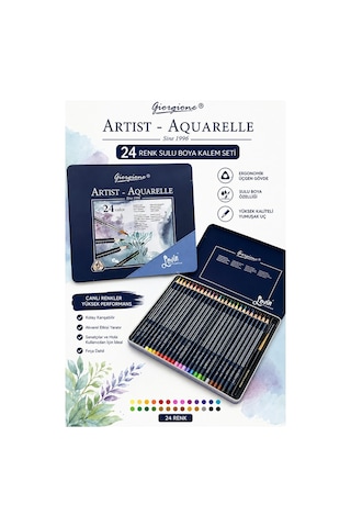 Aquarel Suluboya Kalemi 24 Renk 1 Paket Giorgione Teneke Kutu Sulu Boya Kalemi 24 Lü Fırça Hediyeli Sanatsal Kaliteli Çok Renkli