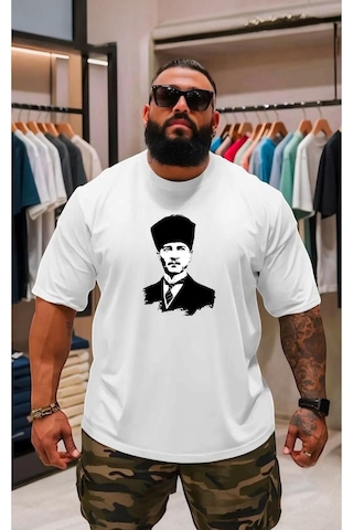 Atatürk Baskili Oversize Unisex Tişört Beyaz
