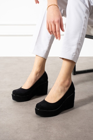 Zenneshoes Helena Dolgu Topuklu Kadın Ayakkabı Siyah Süed