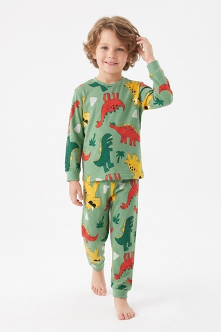 Modanino %100 Pamuk Ve Dinazor Baskılı Erkek Çocuk Pijama Takımı 3-8 Yaş 12745ıs Fıstık Yeşili