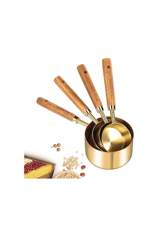Valkyrie 4 Adet Büyük Boy Paslanmaz Çelik Ahşap Saplı Ölçü Kaşığı Seti Ölçü Kabı 60ml 80ml 125ml 250ml Altın