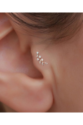 14 Ayar Altın Rose Taşlı Dal Tragus Piercing Sarı Altın