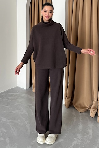 Modagen Kadın Selanik Kumaş Balıkçı Yaka Alt Üst Takım Kahve