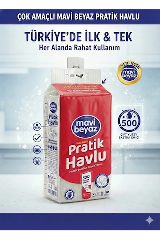 Mavi Beyaz Pratik Havlu 4 Adet 500 Yapraklı - Yeni Nesil Çok Amaçlı Kağıt Havlu Asma Aparatı Hediyeli