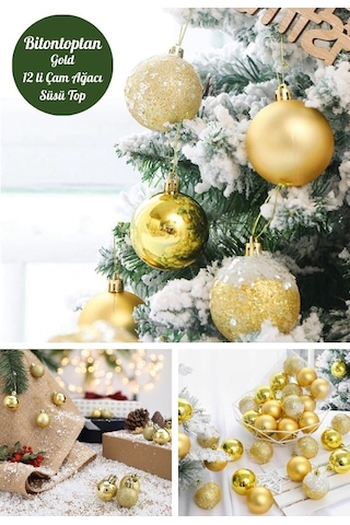 12 Adet Gold 2,5 Cm Mini Yılbaşı Topu, Noel Çam Ağacı Topu, Süs Topu