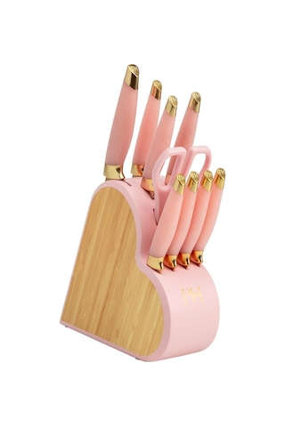 10 Parçalı Bıçak Seti, Paslanmaz Çelik, Bambu Bloklu, Pembe Renkli Çok Renkli