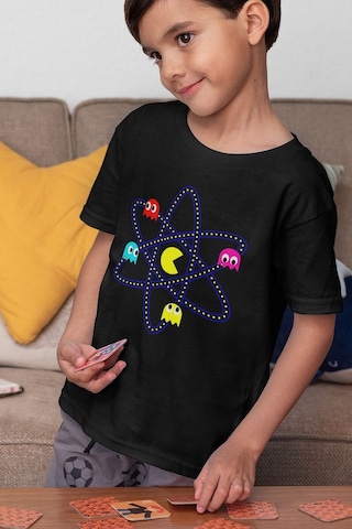 Sevbano Tasarım Pacman Baskılı Unisex Oyun Çocuk Tişört 1-12 Yaş Siyah