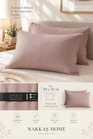 Nakkaş Home Collection 2'li Pamuklu Fermuarlı Yastık Kılıfı Seti - 50x70 Cm Düz Renk Yastık Kılıfı Açık Lila