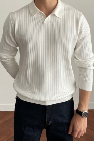 Cool Tarz Erkek Polo Yaka Triko Kazak Slim Fit Fitilli Beyaz