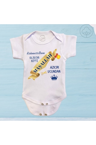 Özel Baskılı Sünnet Oldum Yazılı Organik Pamuk Çıtçıtlı Bebek Body Sünnet Zıbını Beyaz