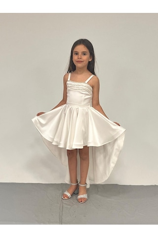 Kız Çocuk Abiye Krem Saten Kuyruklu Yaka Şerit Taşlı Abiye Elbise 5-10 Yaşyaş Krem