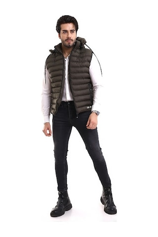 Erkek Iç Cepli Çıkartılabilir Fermuarlı Kapüşon Şişme Yelek Haki