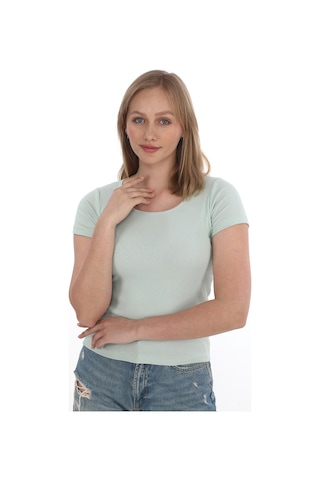 Monox Kadın Fitilli Likralı Pamuk Basic Tshirt Yeşil