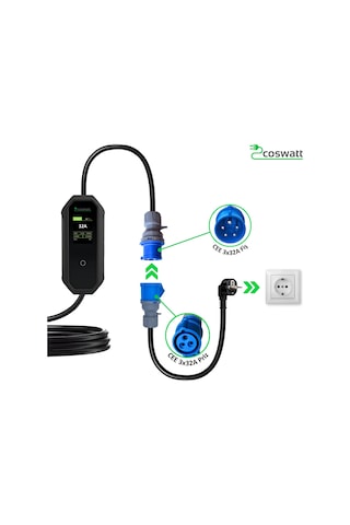 Coswatt Elektrikli Araç Taşınabilir Şarj Cihazı 7kW-32A-Tip2 Soket-Türkçe Menü-5M-3x32A Fiş-220V AC