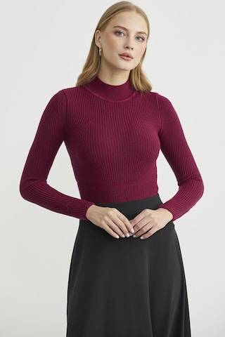 Sementa Yarım Balıkçı Fitilli Bodysuit Triko Kazak - Bordo Bordo
