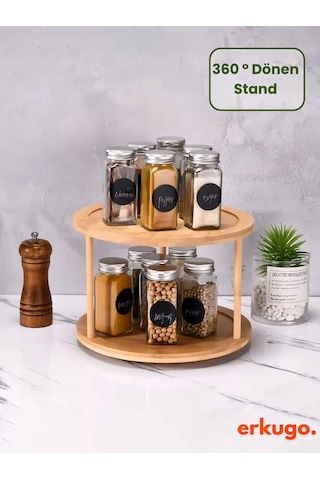 Bambu 360 Dönen 2 Katlı Baharatlık Düzenleyici , Sunumluk, Organizer, Katlı Stant Bambu