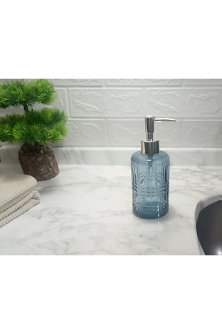 Cam Sıvı Sabunluk,kristal Desenli Mavi 300ml Banyo Seti 6,8x17,