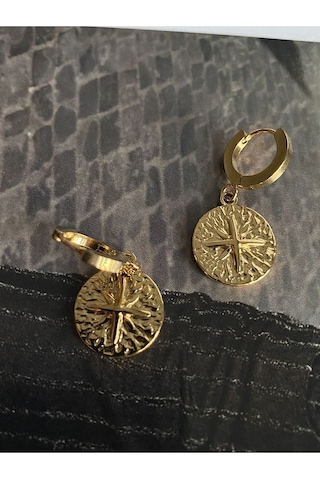 Kutup Yıldızı Halka Çelik Kararmaz Gold Kaplama Küpe Çifti