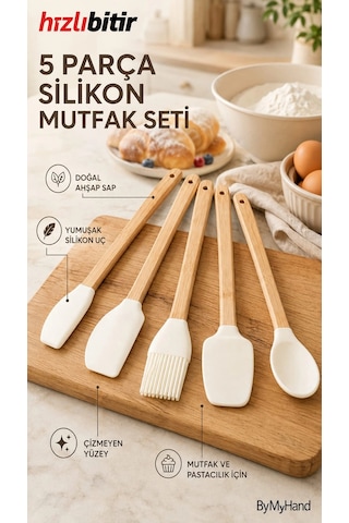 Bymyhand Ahşap Saplı Slikon Uçlu Slikon Mutfak Ve Pasta Yapım Hazırlık 5'li Set