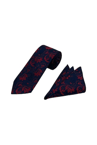 Brianze Lacivert Kırmızı Motif Desen Kravat Mendil Set Lacivert