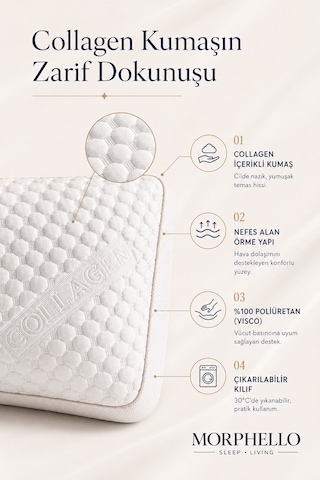 Morphello Collagen Ortopedik Yastık 40 60 Cm Boyun Destekli Yıkanabilir Kılıflı Nefes Alan Premium Uyku Yastığı Krem