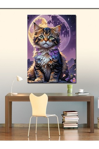 Kanvas Tablo Yavru Kedi Ve Dolunay 100cmx140cm