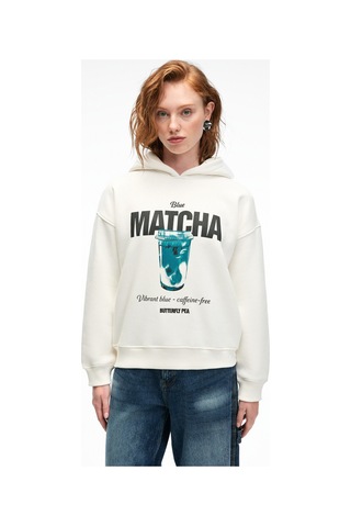 Grimelange YANMESA Kadın Oversize Baskı Ve Nakış Detaylı Uzun Kollu Kapüşonlu Beyaz Sweatshirt