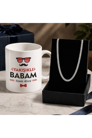 Bk Gift Kişiye Özel Babalar Günü Tasarımlı Beyaz Kupa & Gurmet Zincir Kolye -5, Babalar Günü Hediyesi Gümüş