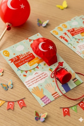 10 Adet Balon ve 23 Nisan Tebrik Kartı 10'lu Set Türk Bayraklı Balon