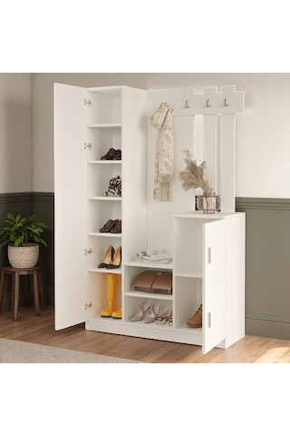 Robin Home Aynalı Vestiyer Portmanto Ayakkabılık Beyaz Beyaz