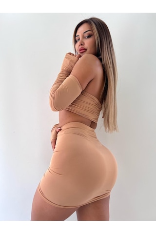 Pink Life Bej Askısız Yüksek Bel Mini Etekli Ikili Takım-Bej