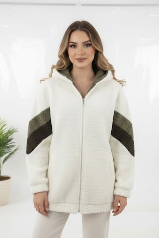 Hiramir Peluş Yeni Sezon Kadın Kolları Şeritli Kolej Mont Ks2577 Beyaz