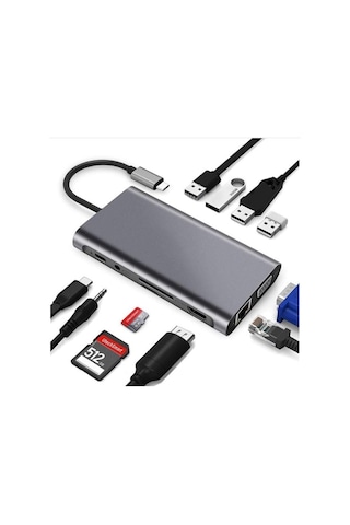 Type-c To Hdmı Adaptör 11 In 1 Dört Usb 3.0 Bağlantı Noktası 4k Hdmı Vga Type C Pd Usb3.0 Rj45 Ethernet Sd Tf Kart Okuyucu 3.5mm Aux Macbook Pro Air Uyumlu Acı Kahverengi