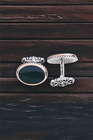 ​​​​​Gümüş Yeşil Akik Taşlı Oval Kol Düğmesi -5797 Gümüş