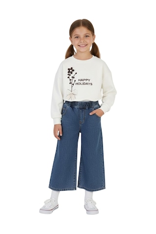 Erdem Kıds Kız Çocuk Bayramlık Günlük - Casual Geniş-bol Paça Palazzo Kot Pantolon-sweatshirt İkili Takım Beyaz Beyaz