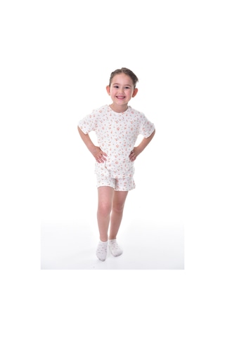 %100 Pamuk Interlok Kumaş Kısa Kollu Şortlu Kız Çocuk Pijama Takımı 3,4,5,6,7,8 Yaş Beyaz