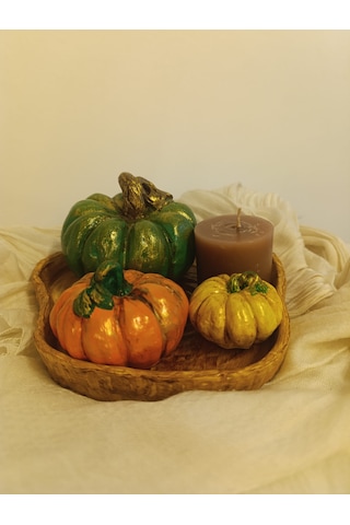 Kabak Figürlü Dekor Seti Doğal Masa Süsleri-kabak & Mum Seti-biblo Dekoratif Tepsili Set B Boy Yeşil Tepsili Set