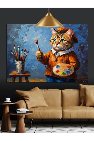 Ressam Kedi Fırça Tutuyor Dekoratif Kanvas - Mdf Ahşap Tablo