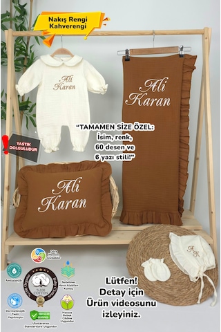 Gros Shop Müslin Yeni Doğan 4katlı Organik %100pamuk Kişiye Özgü Nakışlı Hastane Çıkış Seti Kahverengi Set-1 Ekru