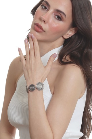 Labalaba Kadın Antik Gümüş Kaplama Ayarlanabilir Zincir Bağlantılı Kesikli Yuvarlak Dokulu Bileklik Gümüş