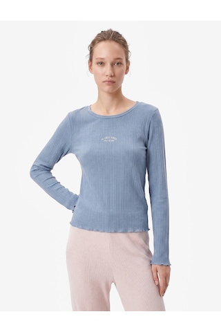 Koton Modal Kumaş Uzun Kollu Bisiklet Yaka Pijama Üstü Mavi 7wlk40068mk