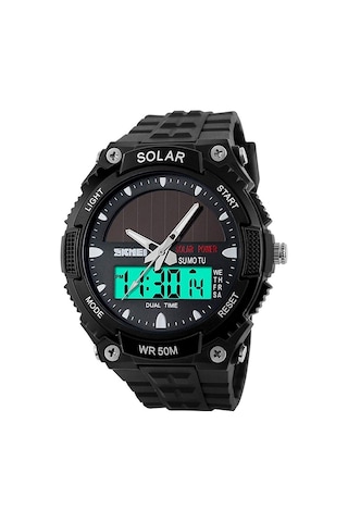 Erkekler Güneş Enerjili Sıradan Kuvars İzle Dijital Ve Analog Çok Fonksiyonlu Spor Saati Siyah Siyah
