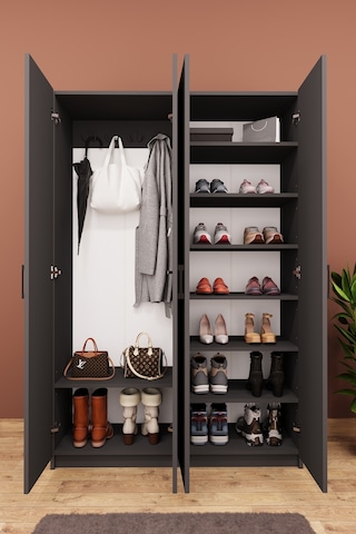 Asra Trend Vestiyer & Portmanto V-08 %100 MDF 4 Kapaklı Askılı Çok Raflı Ayakkabılık Koyu Gri
