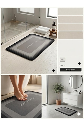 Banyo Paspası Süper Su Emici Kaymaz Tabanlı Dikdörtgen Diatomit Paspas 60x40cm Gri Diğer