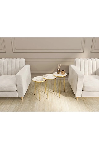 Zigon Sehpa 3'lü Yuvarlak Gold Tel Ayaklı Beyaz Mermer