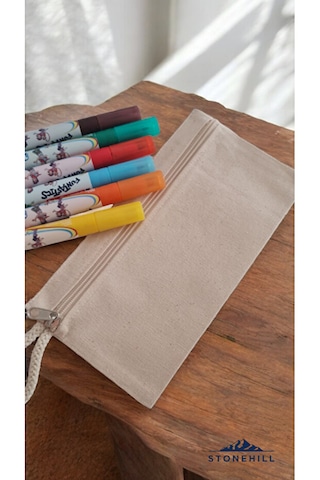 Kalem Çantası, %100 Pamuk Kanvas Bez, Minimalist Tasarım, 23x12 Cm Krem