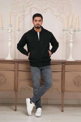 Woolen World Polo Yaka Fermuar Kapamalı Klasik Kesim Astarlı Çelik Örgü Hırka Siyah